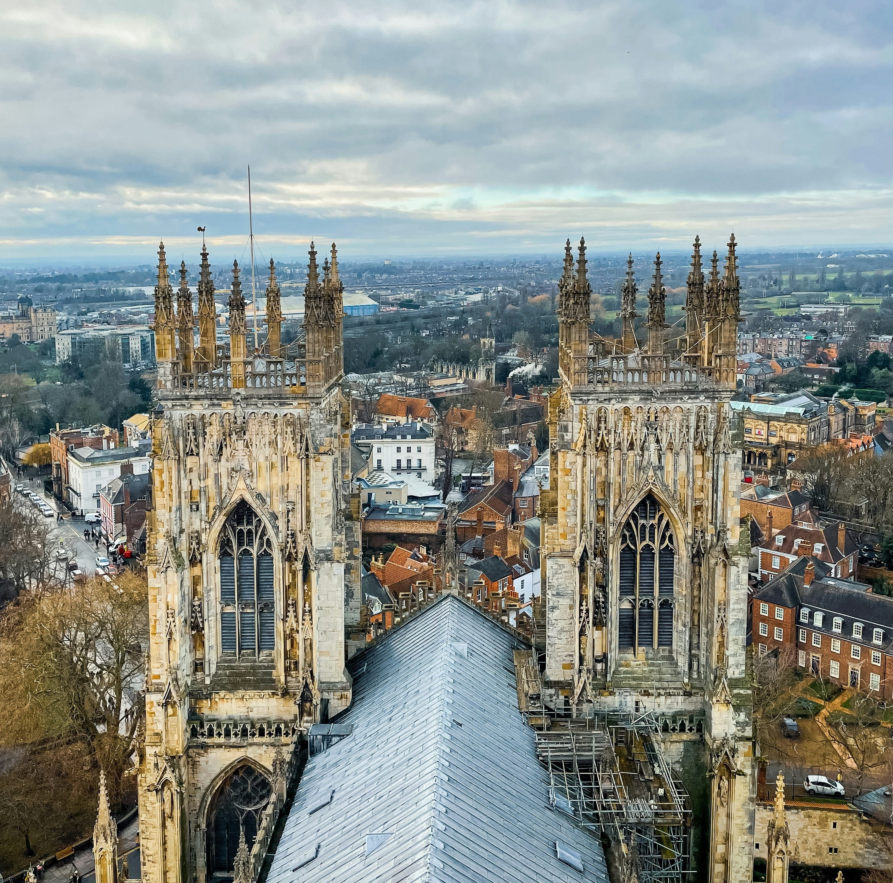 Aerial view of York Minster's twin towers overlooking York city centre