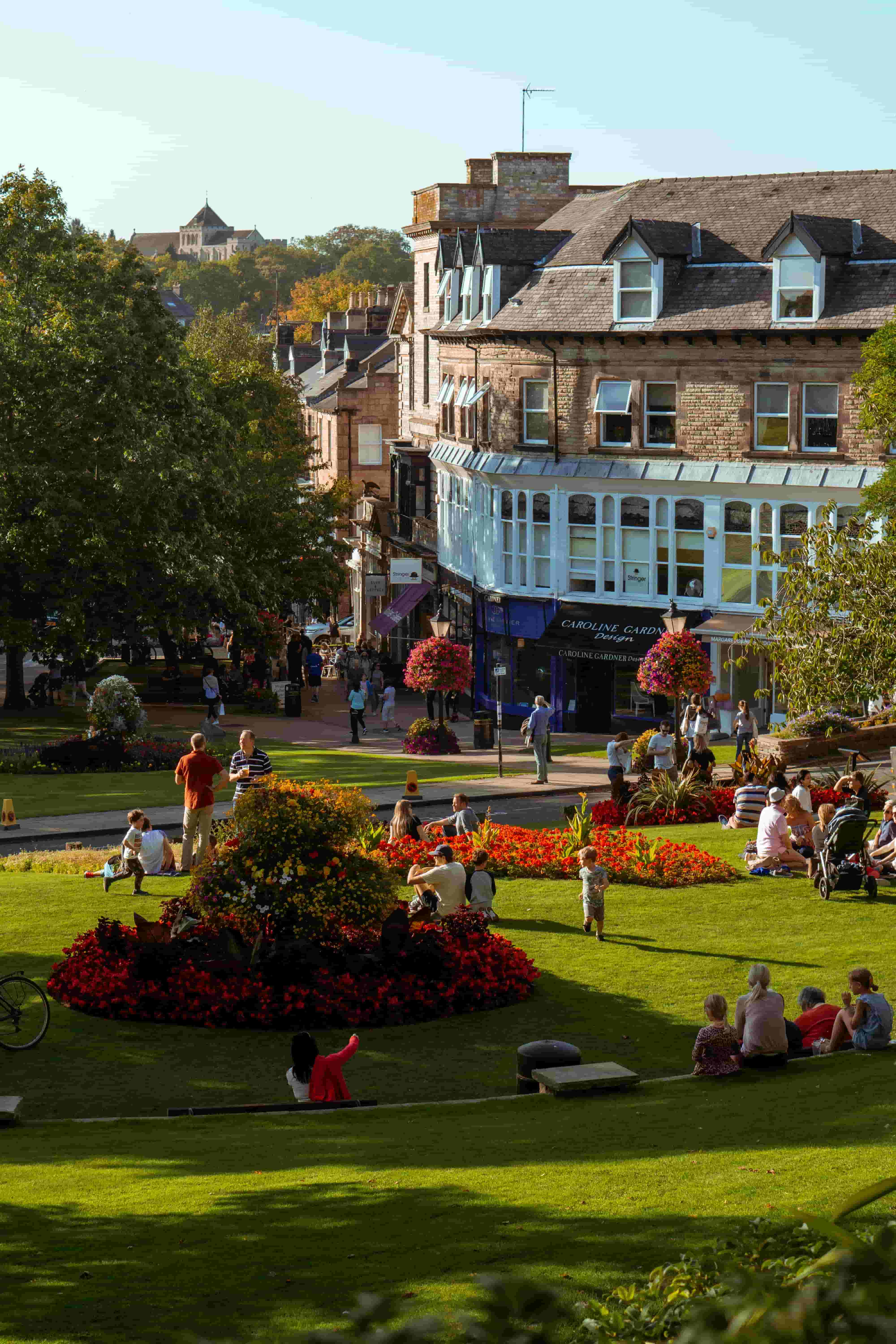 Montpellier Gardens in Harrogate, with Victorian shopfronts and flower beds